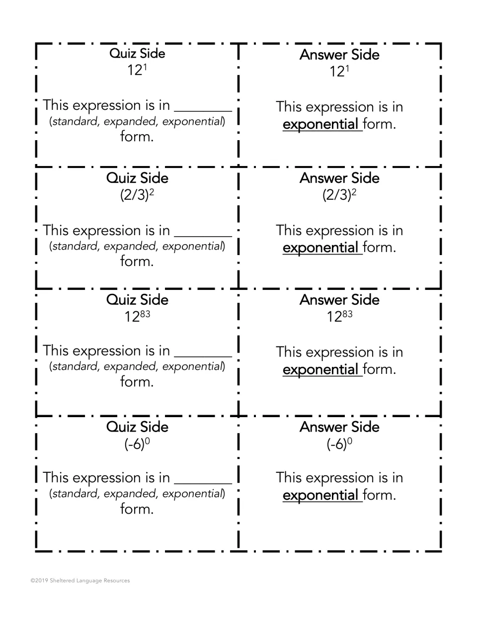 Exponential form cards with 12^1, (2/3)^2, 12^83 and (-6)^0; students choose standard, expanded or exponential form