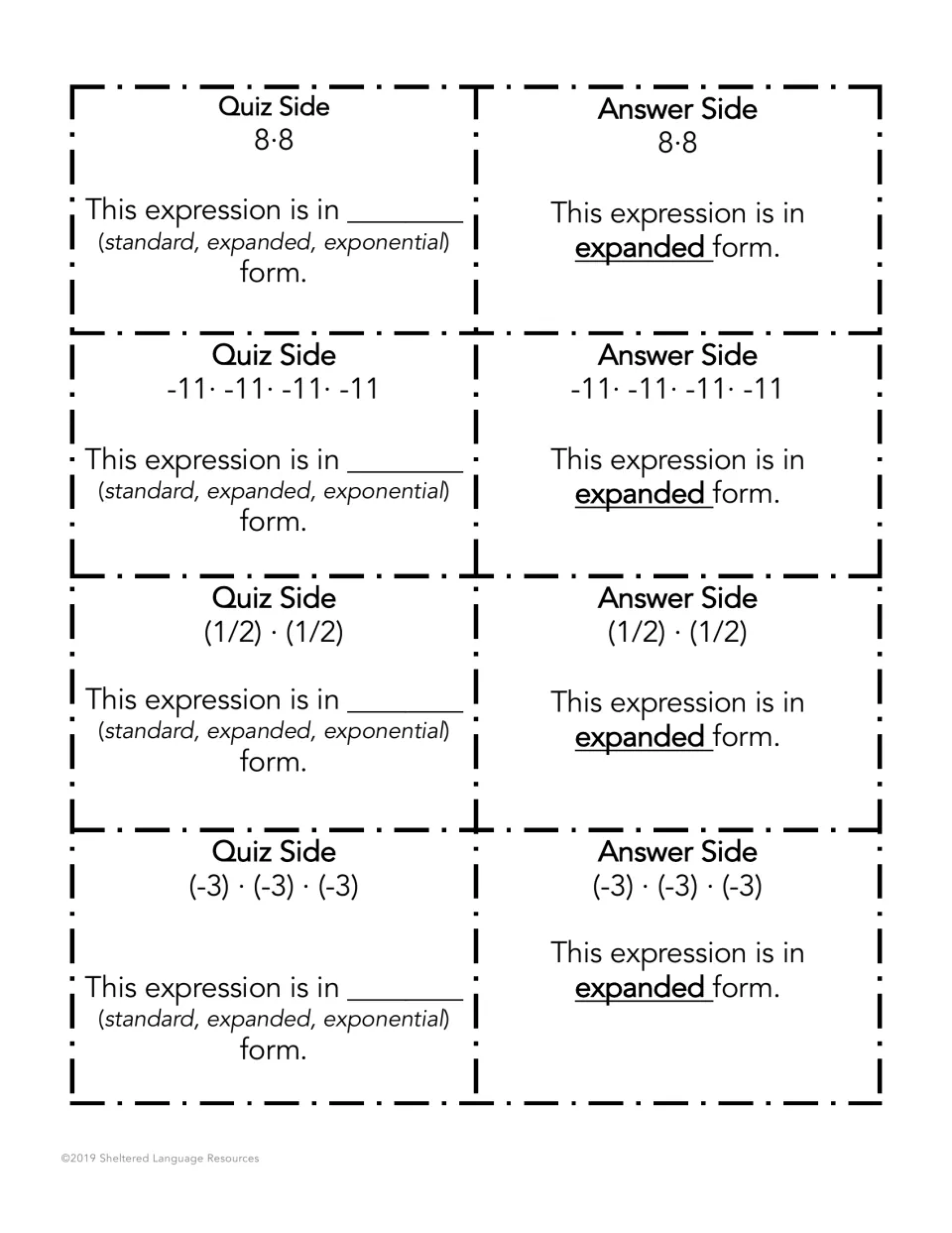 Expanded form cards: partners identify 8·8, -11·-11·-11·-11, (1/2)·(1/2) and (-3)·(-3)·(-3) as expanded form