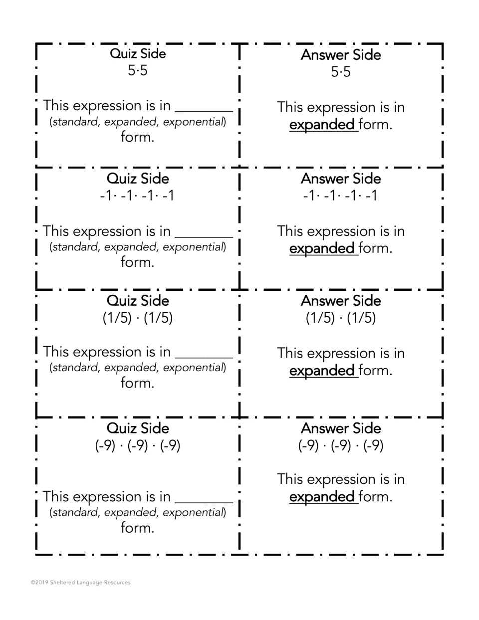 Expanded form cards for 5·5, -1·-1·-1·-1, (1/5)·(1/5) and (-9)·(-9)·(-9), read aloud with the sentence frame