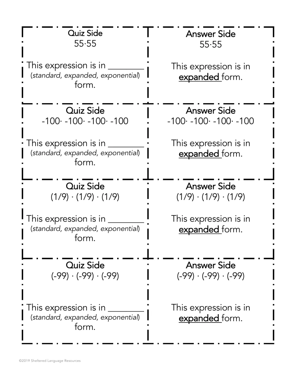 Expanded form cards showing 55·55 plus repeated factors of -100, 1/9 and -99; partners say which form each product is in
