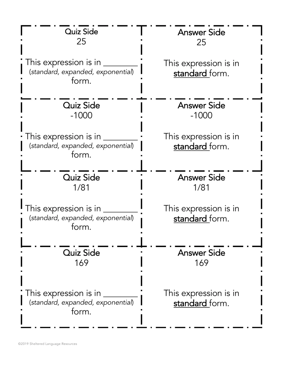 Standard form cards: students identify 25, -1000, 1/81 and 169 as standard form by filling the spoken sentence frame