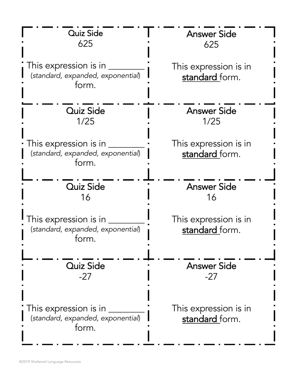 Standard form cards for 625, 1/25, 16 and -27, each with a quiz side and a fold-over answer side for partner checking