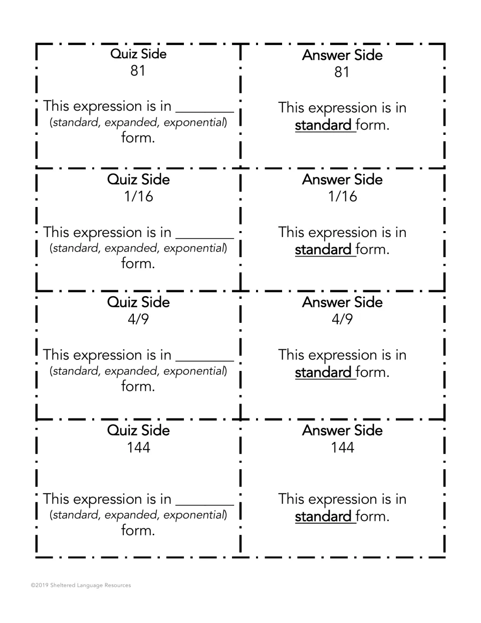 Standard form cards with 81, 1/16, 4/9 and 144; partners say which of standard, expanded or exponential form each shows