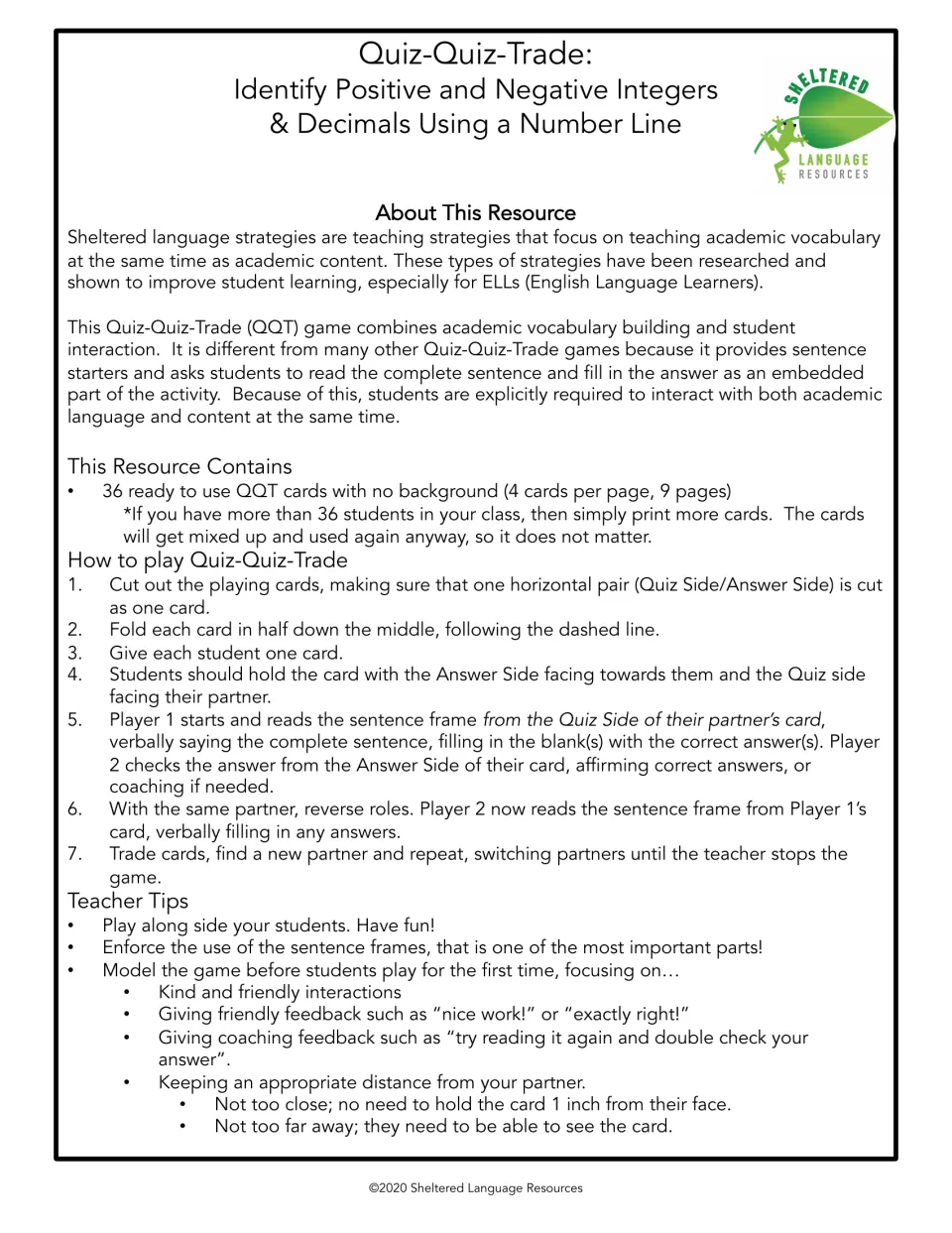 Quiz-Quiz-Trade directions for number line cards: about the resource, 7 steps to play with partners, and teacher tips