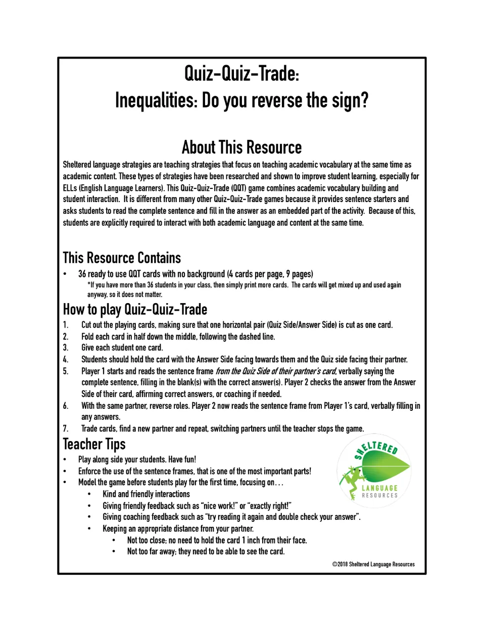 Quiz-Quiz-Trade inequalities cover with instructions: 7 steps to cut, fold and play, plus teacher tips on feedback