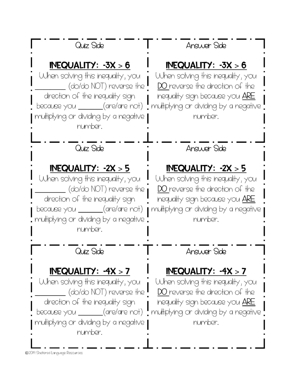 Cards 1–3 with quiz and answer sides: -3X > 6, -2X > 5, -4X > 7; answers say you DO reverse the sign