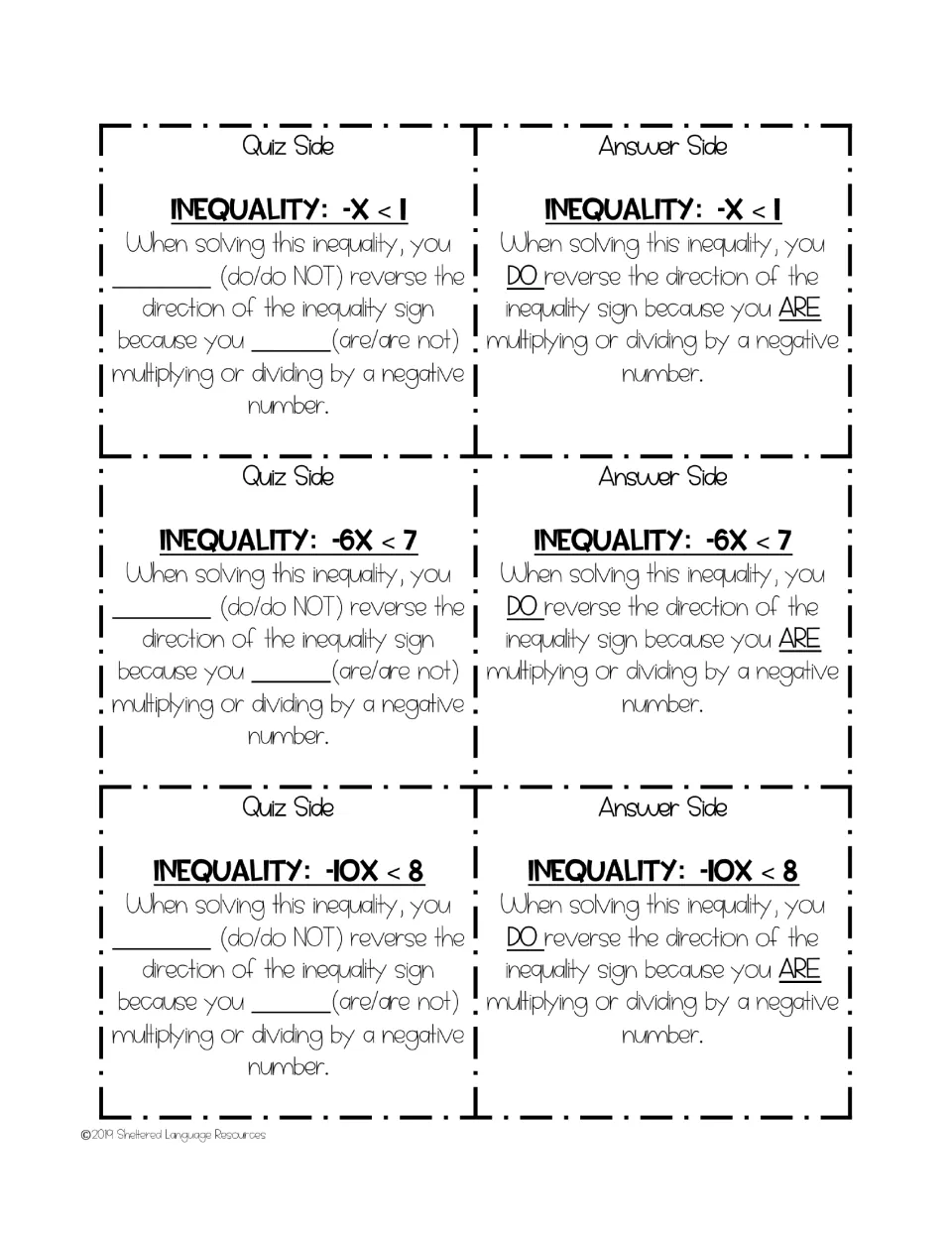 Cards 4–6: -X < 1, -6X < 7, -10X < 8, each with a do/do NOT sentence frame and a DO reverse answer side