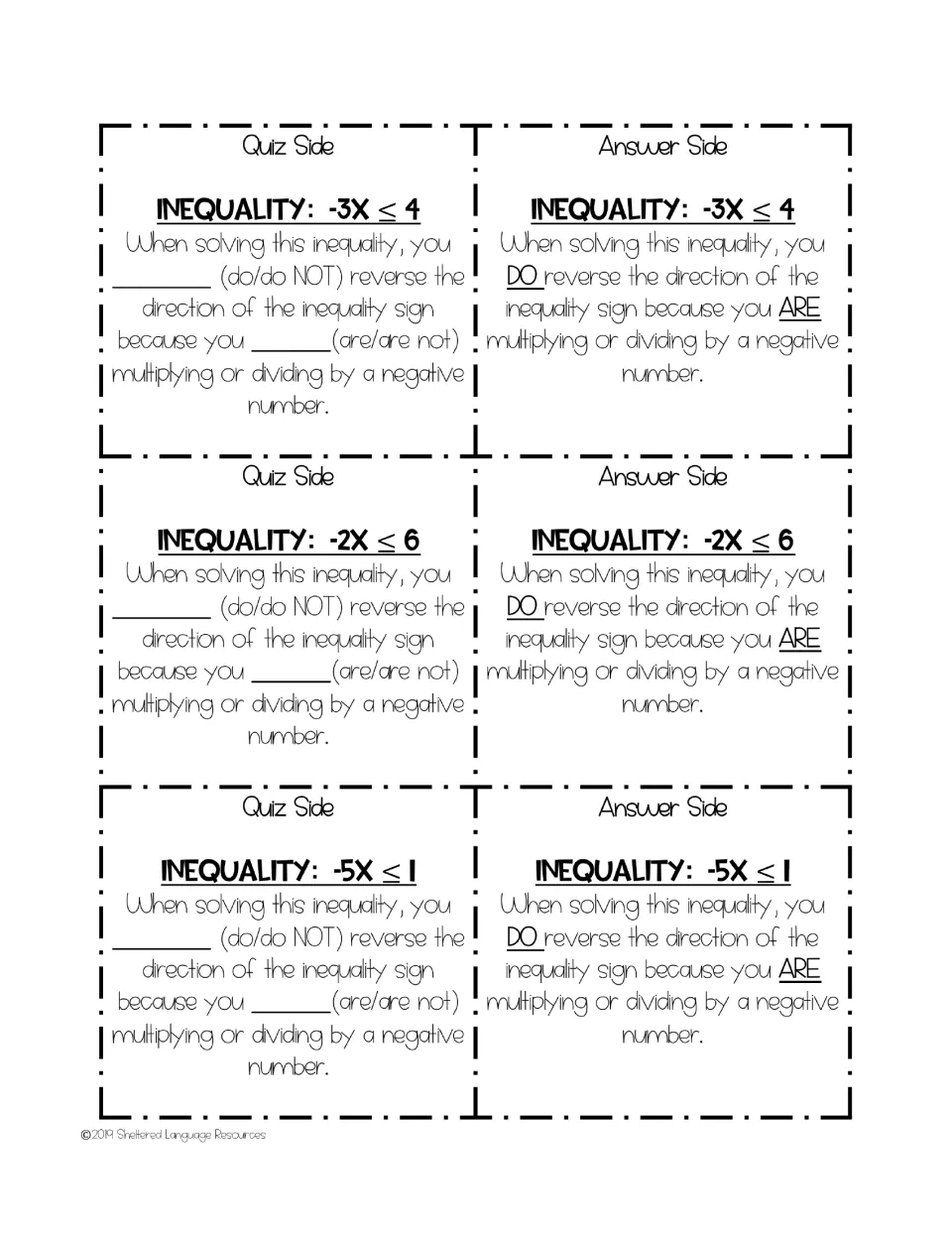 Cards 10–12 with less-than-or-equal inequalities: -3X ≤ 4, -2X ≤ 6, -5X ≤ 1; all answers: DO reverse the sign