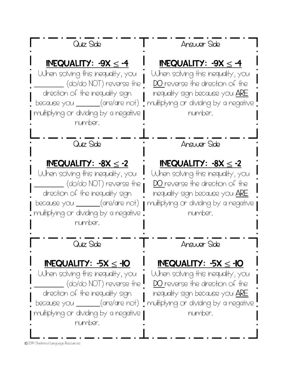 Cards 13–15: -9X ≤ -4, -8X ≤ -2, -5X ≤ -10, with fill-in sentence frames and answer sides marked DO and ARE