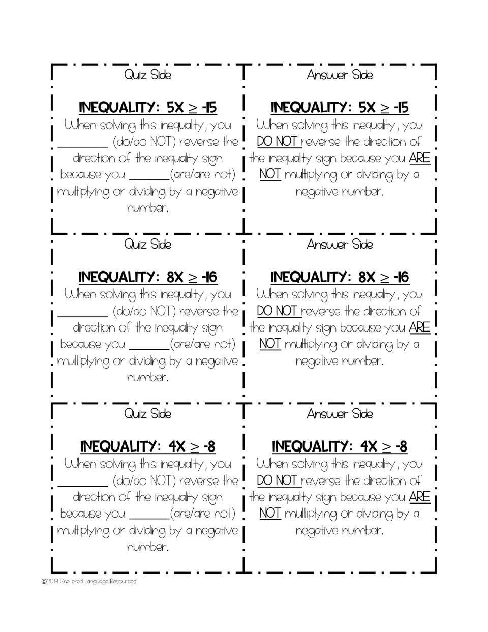 Cards 19–21: 5X ≥ -15, 8X ≥ -16, 4X ≥ -8, positive coefficients; answers say DO NOT reverse the sign