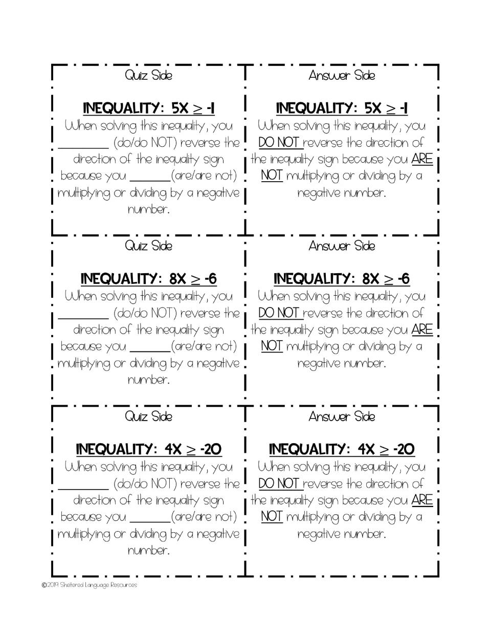Cards 22–24: 5X ≥ -1, 8X ≥ -6, 4X ≥ -20, each answered DO NOT reverse and ARE NOT on the answer side