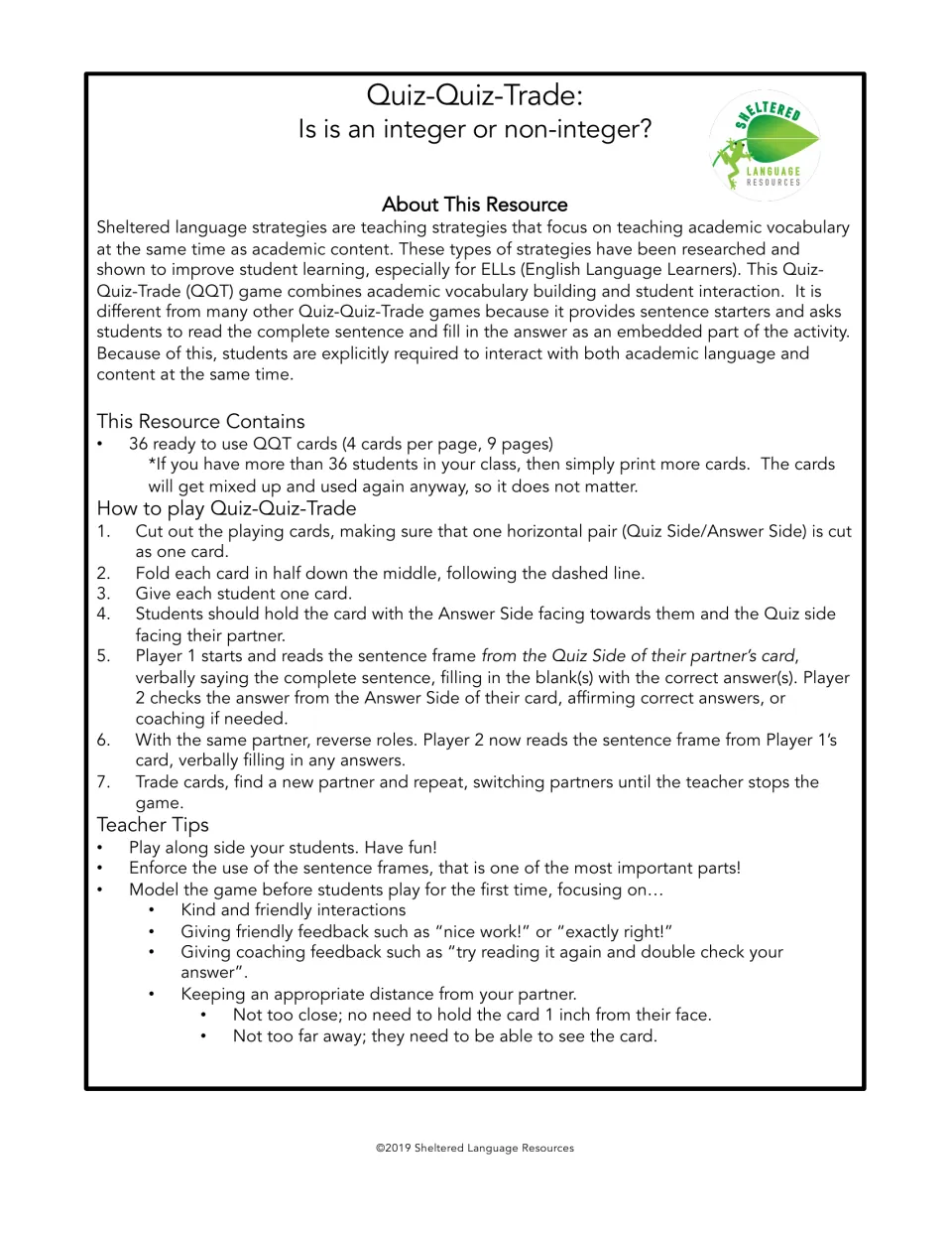 Quiz-Quiz-Trade integer or non-integer game: about page, list of 36 cards, 7 steps for how to play and teacher tips