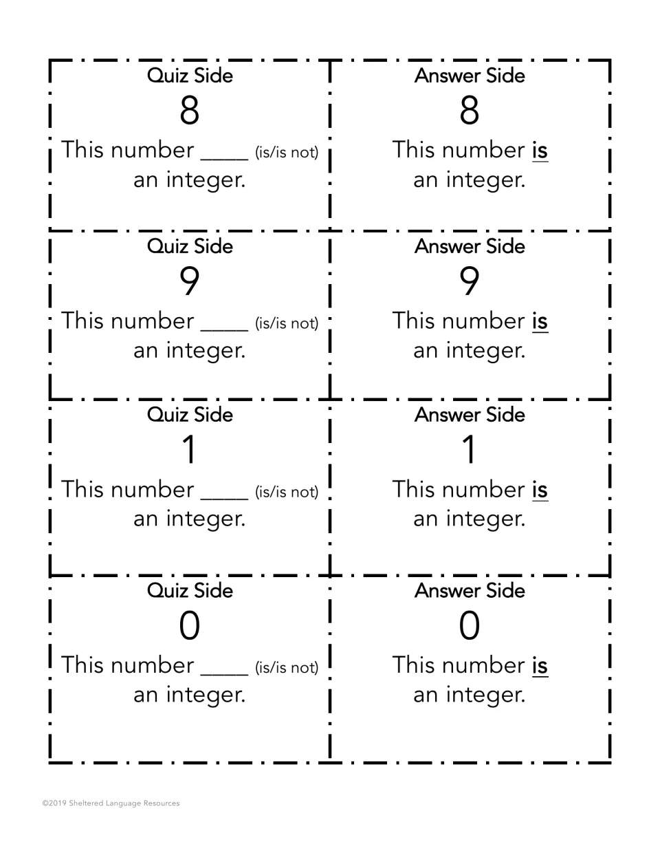 Integer cards for 8, 9, 1 and 0: students fill in 'This number ___ (is/is not) an integer'; answer side says it is