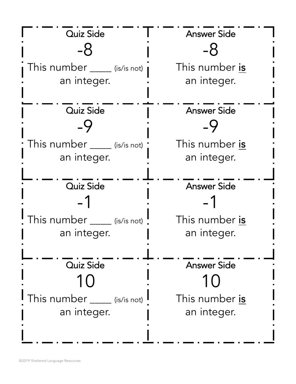 Negative and positive whole numbers -8, -9, -1 and 10 on fold cards; partners say whether each is or is not an integer
