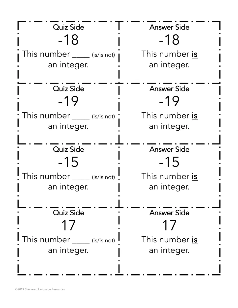 Cards for -18, -19, -15 and 17: students read the is/is not sentence frame aloud and identify each number as an integer
