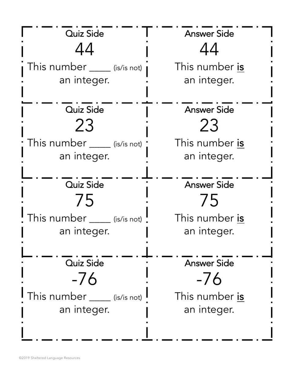 Cards for 44, 23, 75 and -76: partners complete the sentence frame to classify each whole number as an integer