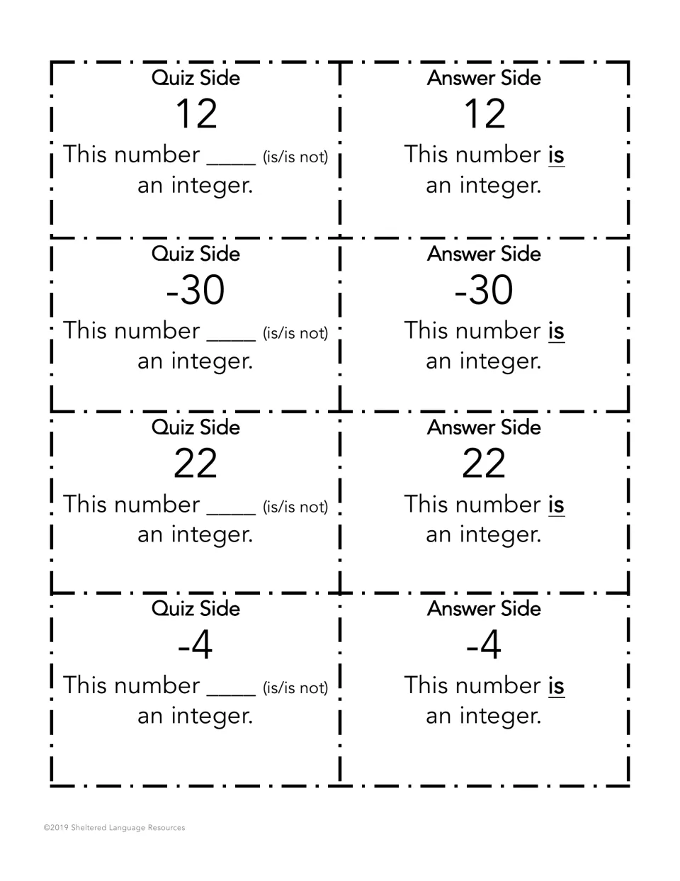 Cards for 12, -30, 22 and -4: one partner says the full integer sentence, the other checks it on the answer side