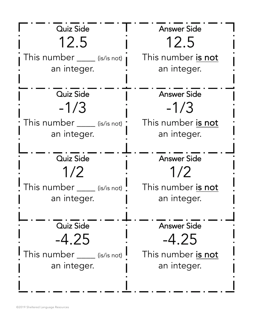 Non-integer cards for 12.5, -1/3, 1/2 and -4.25: students decide decimals and fractions are not integers in the frame