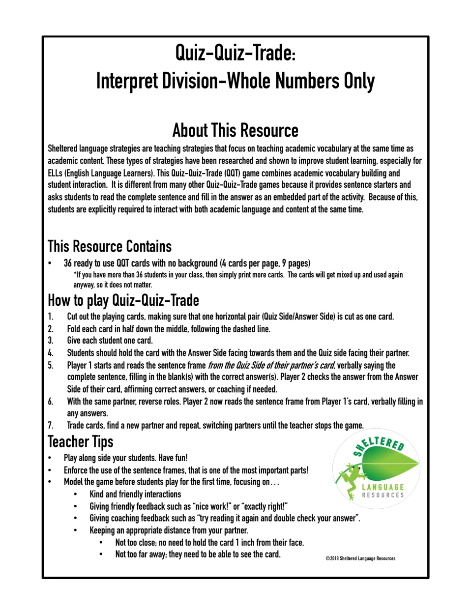 Quiz-Quiz-Trade: Interpret Division title page listing 36 cards, 7 steps for how to play and teacher tips for modeling
