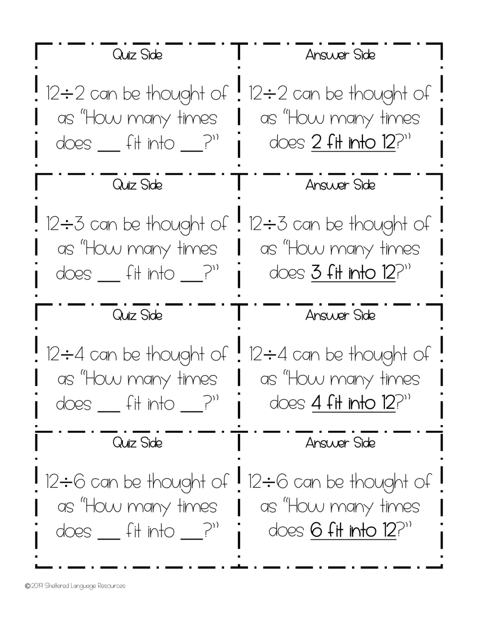 Dividing 12 by 2, 3, 4 and 6: cards ask how many times each divisor fits into 12, with the answer on the right half