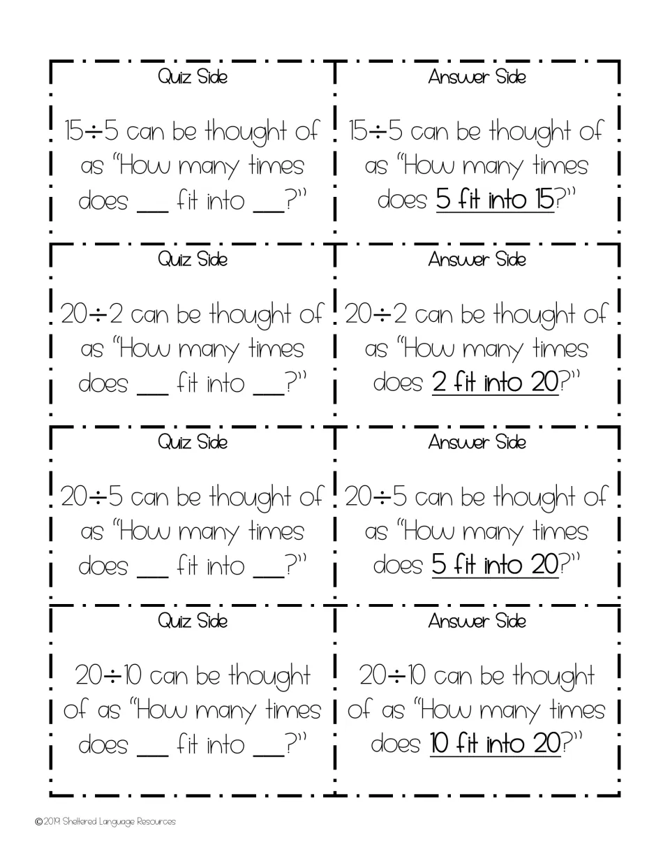 Division sentence-frame cards for 15÷5, 20÷2, 20÷5 and 20÷10: partners say which number fits into the dividend