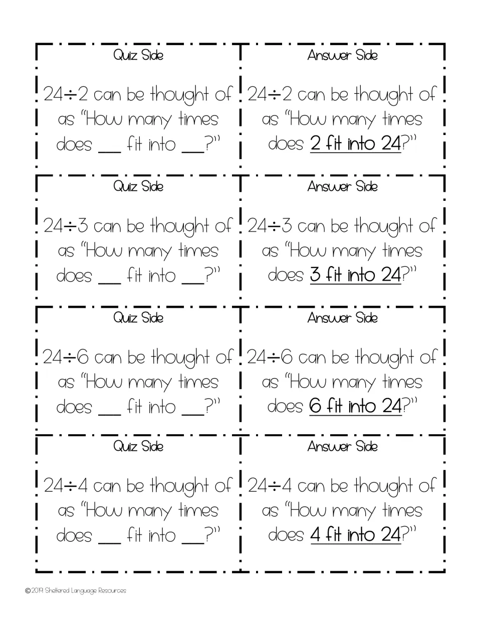 Dividing 24 by 2, 3, 6 and 4: students read each frame aloud and fill in the divisor and dividend