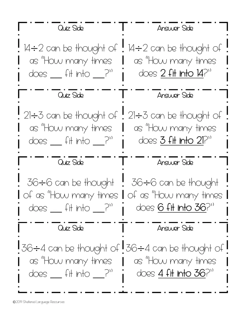 Mixed division cards for 14÷2, 21÷3, 36÷6 and 36÷4 using the frame 'How many times does _ fit into _?' with answers