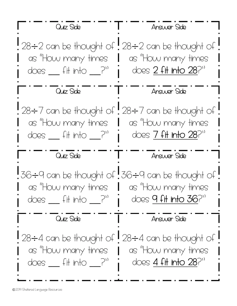 Division cards for 28÷2, 28÷7, 36÷9 and 28÷4: quiz half has blanks, answer half shows the completed sentence underlined