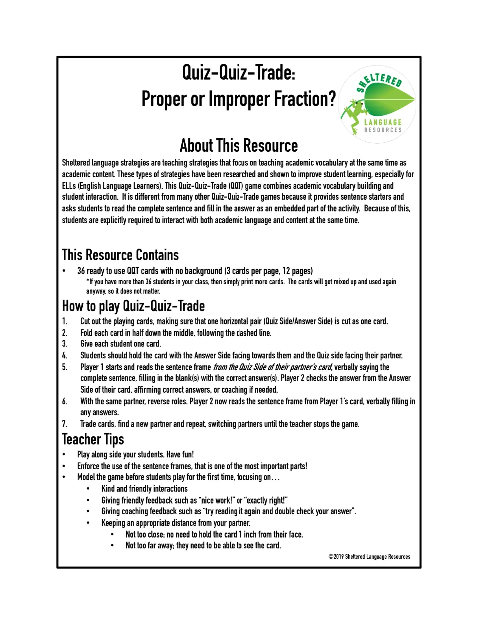 Teacher guide for the fraction card game: 36 cards, preparation steps, partner play rules, and teaching tips