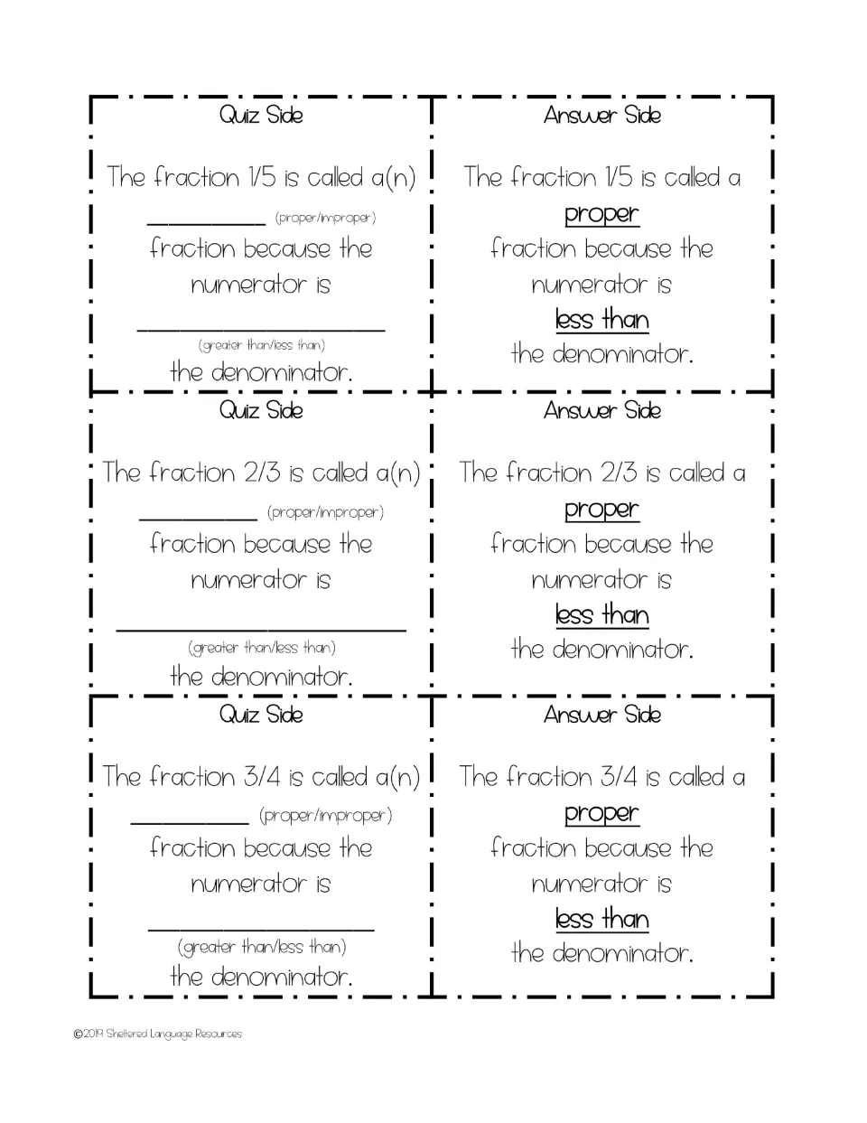 Fraction game cards 4–6: 1/5, 2/3, and 3/4, with sentence frames and answers explaining proper fractions