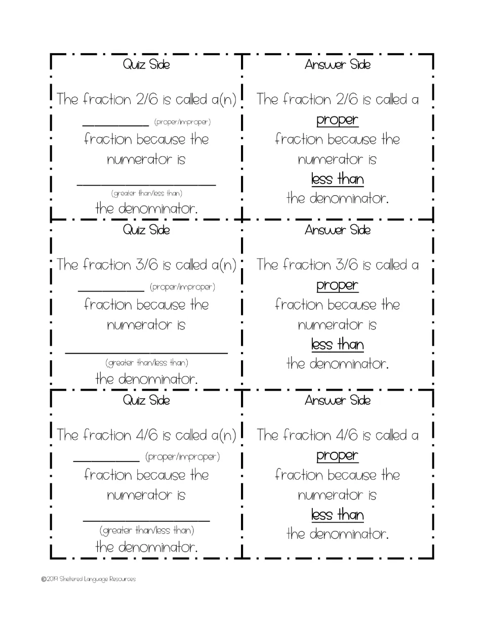 Fraction game cards 10–12: 2/6, 3/6, and 4/6, with sentence frames and answers explaining proper fractions