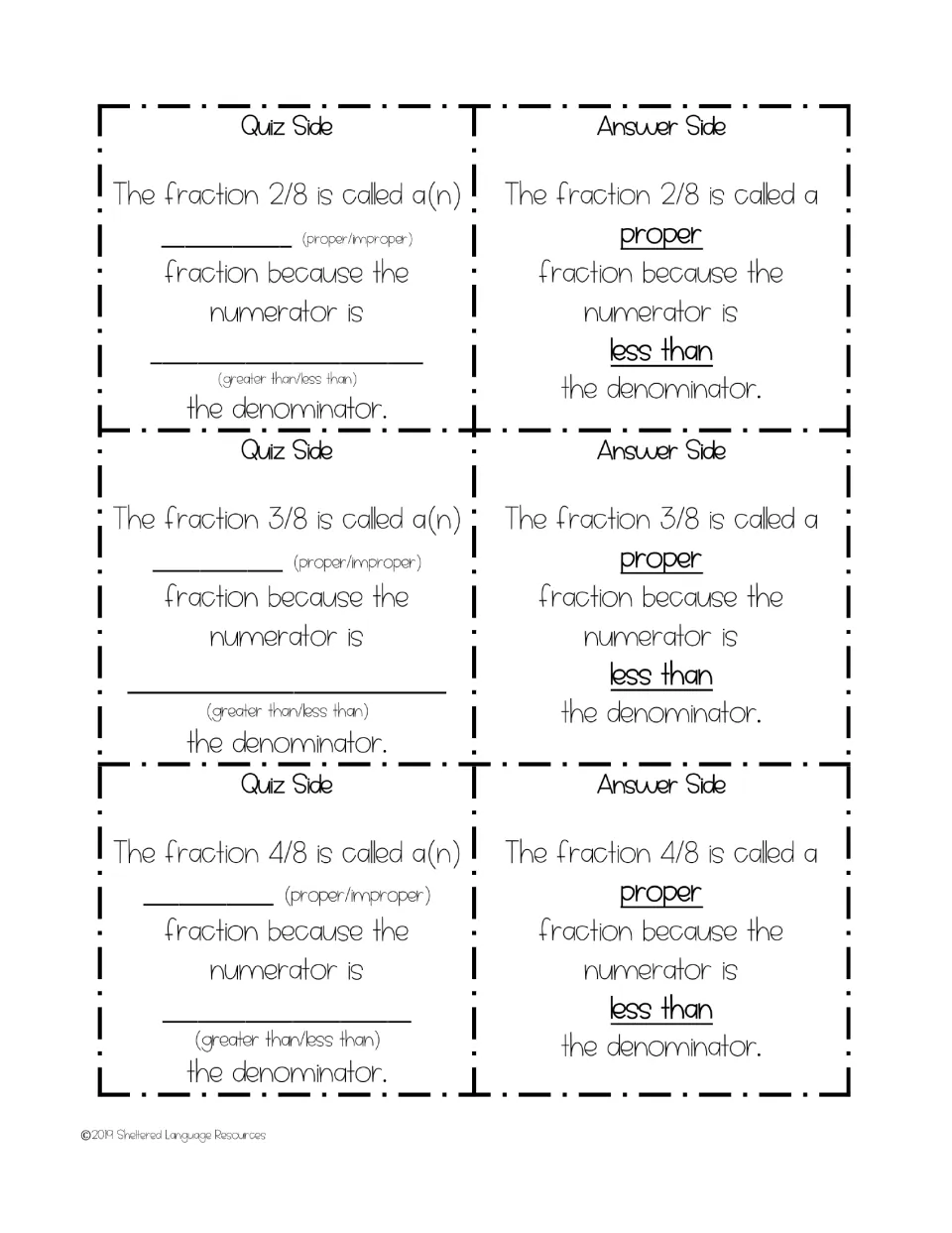 Fraction game cards 13–15: 2/8, 3/8, and 4/8, with sentence frames and answers explaining proper fractions