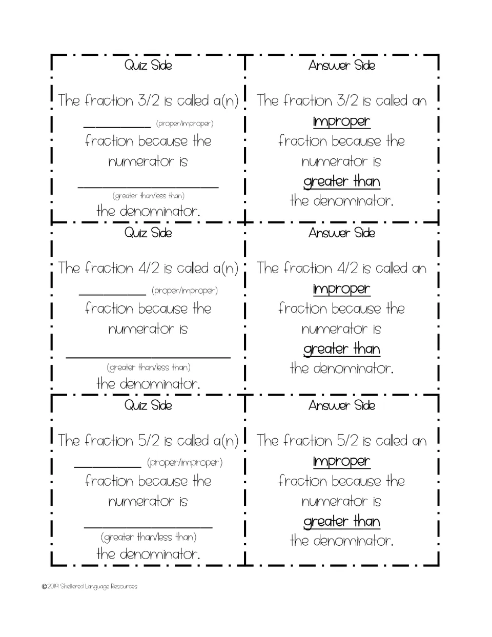 Fraction game cards 19–21: 3/2, 4/2, and 5/2, with sentence frames and answers explaining improper fractions