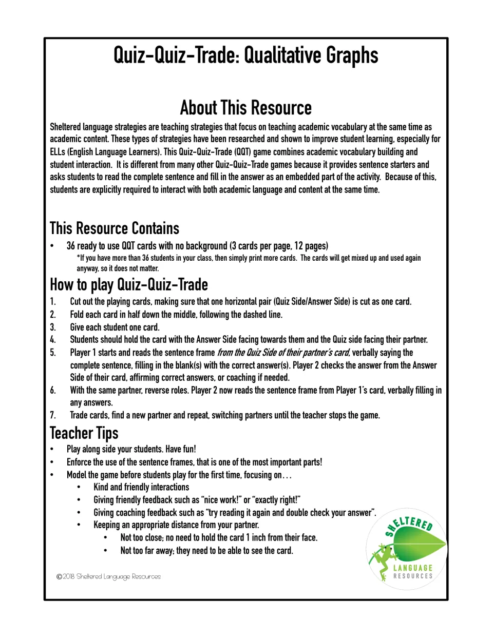 Quiz-Quiz-Trade teacher guide: what the 36 cards contain, 7 steps to cut, fold, quiz and trade, and tips for modeling play
