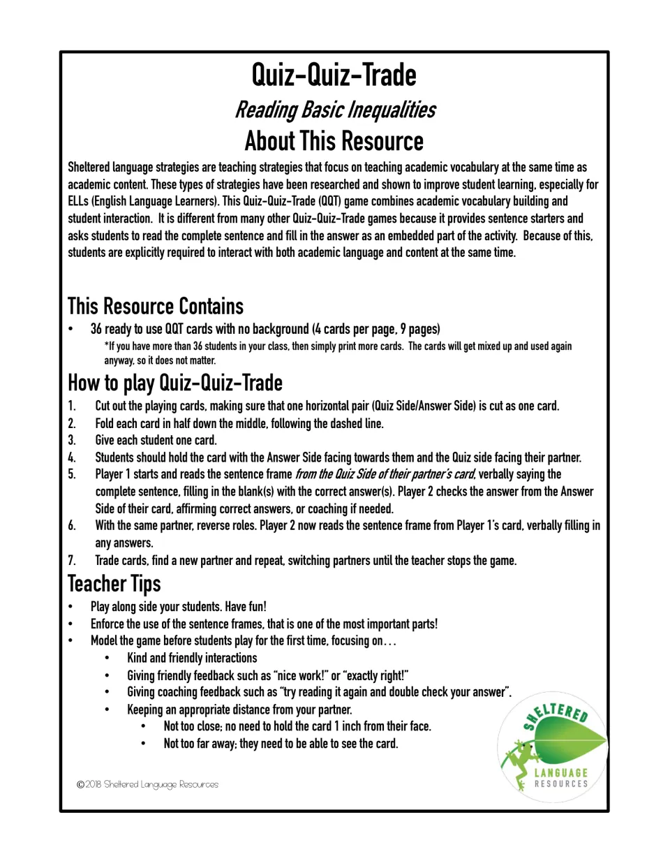 Quiz-Quiz-Trade overview for reading inequalities: what the 36 cards contain, 7 steps to play and teacher tips
