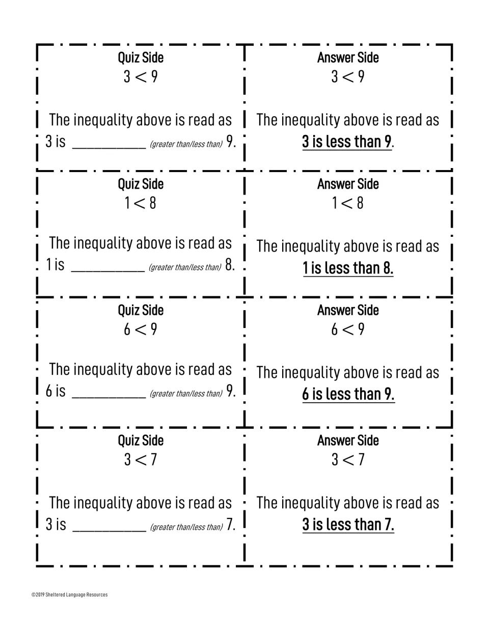 Reading less-than inequalities: fold-over cards for 3<9, 1<8, 6<9 and 3<7, each quiz side has a fill-in sentence frame