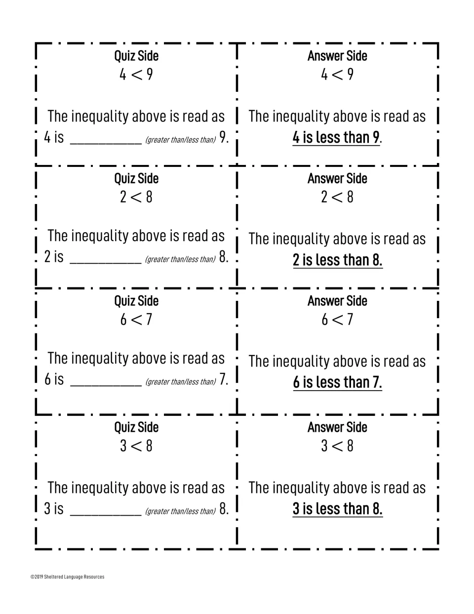 Less-than cards for 4<9, 2<8, 6<7 and 3<8: a partner fills each blank with greater than or less than