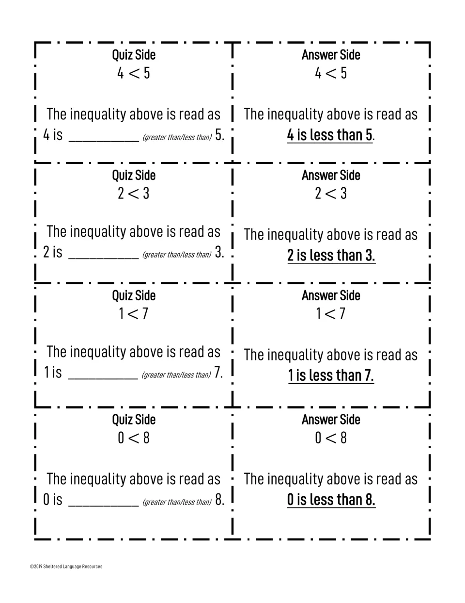 Inequality cards 4<5, 2<3, 1<7 and 0<8: students say each one aloud with the frame, such as 0 is less than 8