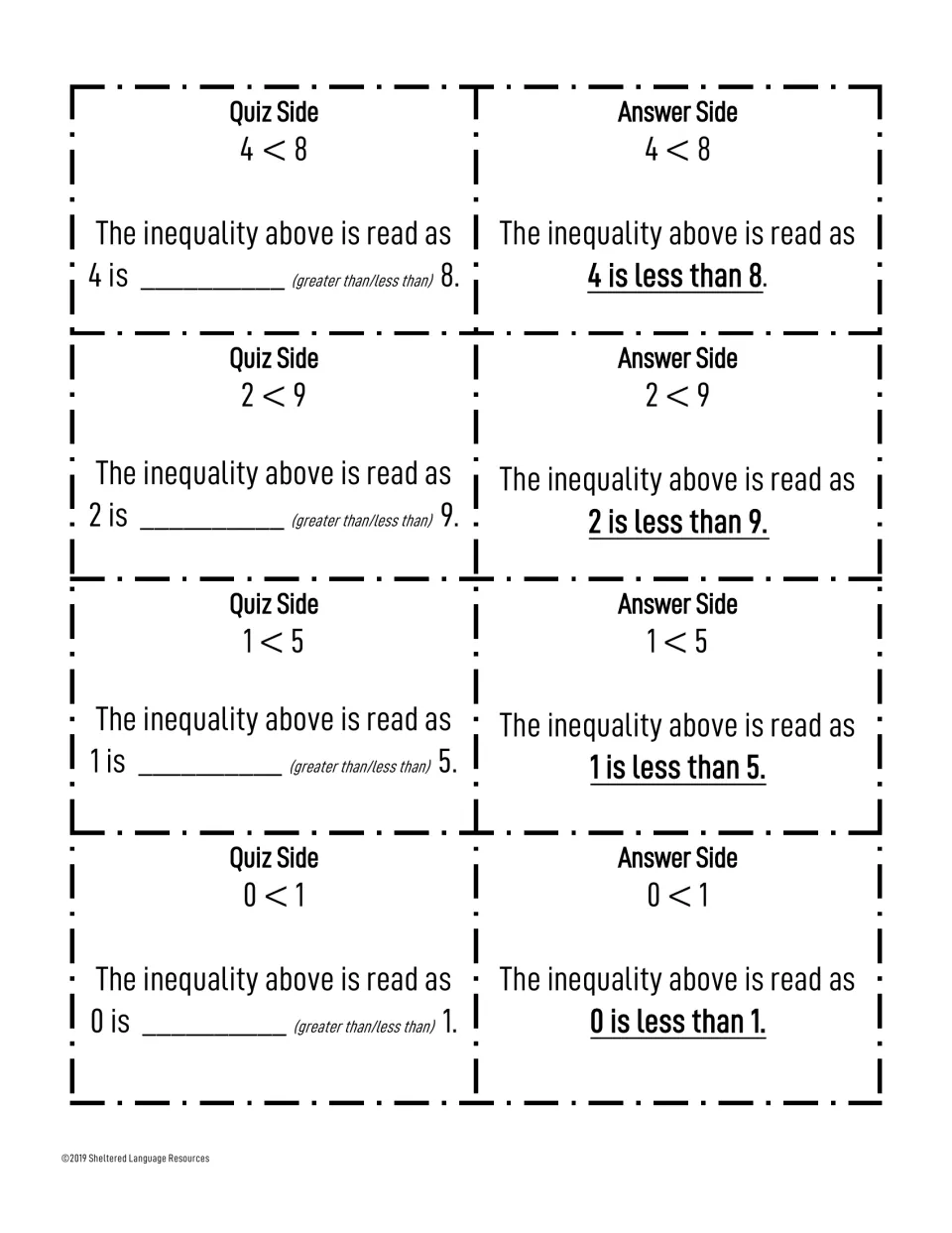 Less-than sentence frame cards for 4<8, 2<9, 1<5 and 0<1, with the answer side reading, for example, 1 is less than 5
