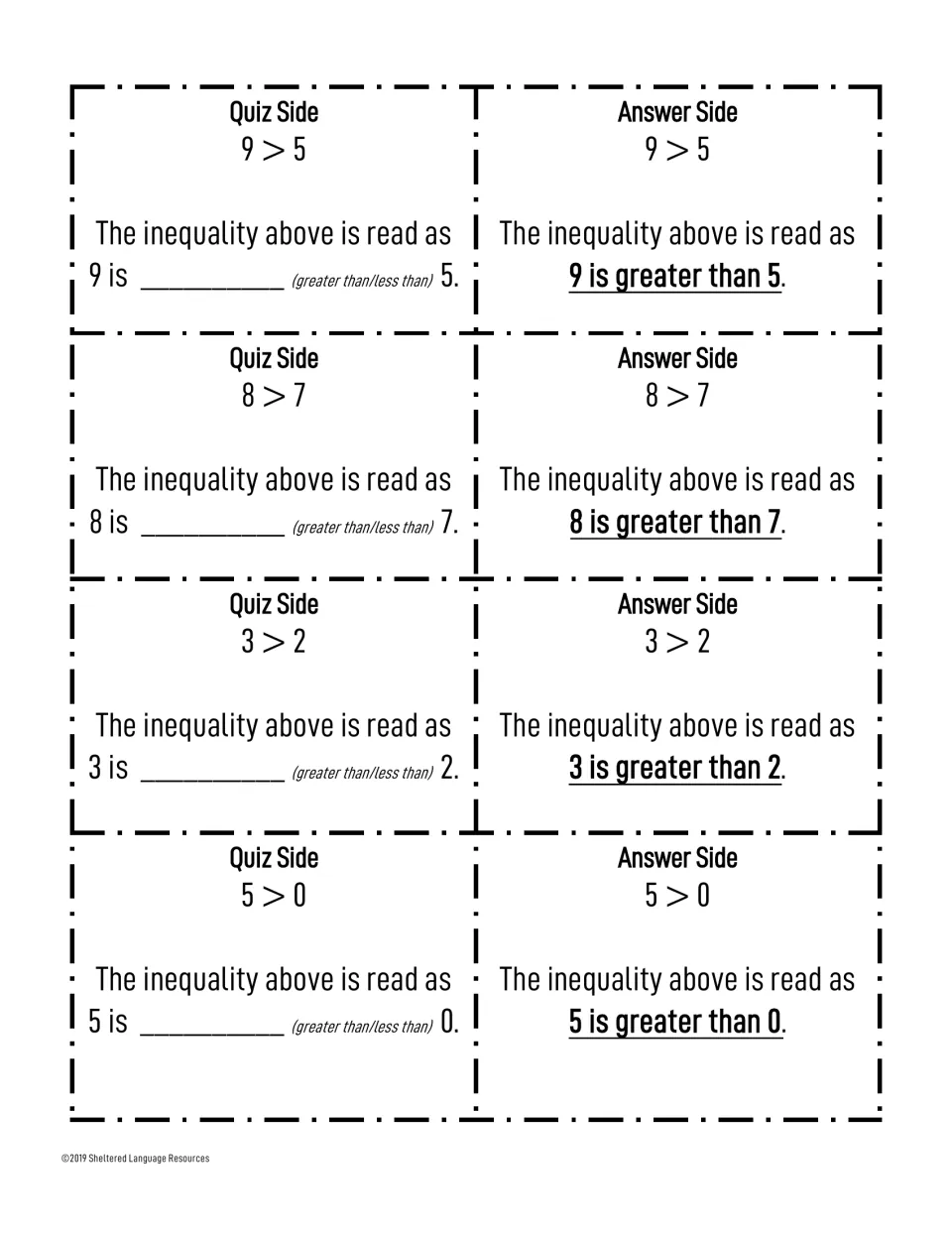 Reading greater-than inequalities: cards for 9>5, 8>7, 3>2 and 5>0, answered as 9 is greater than 5 and so on