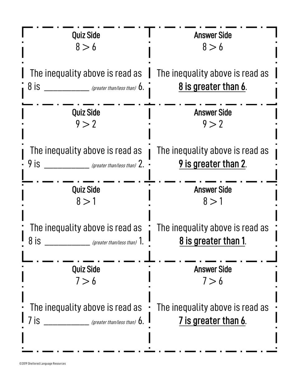 Greater-than cards for 8>6, 9>2, 8>1 and 7>6: students read each aloud in a full sentence, like 7 is greater than 6
