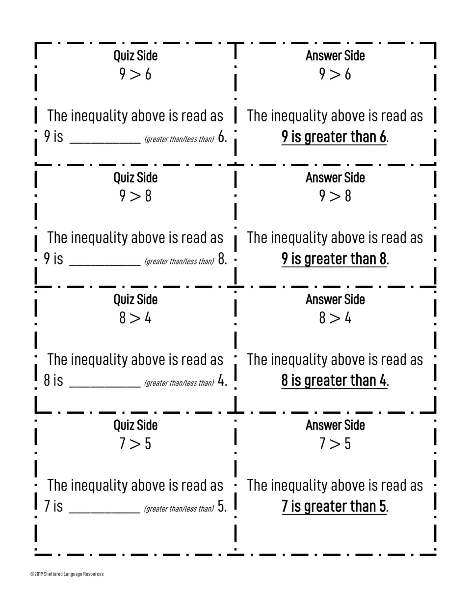 Greater-than inequality cards 9>6, 9>8, 8>4 and 7>5, each with a quiz side sentence frame and an answer side to check