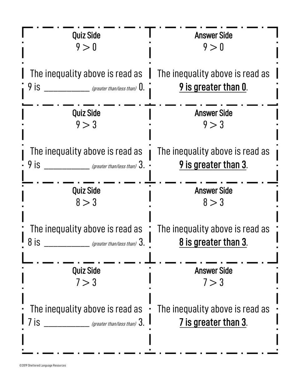Final greater-than cards for 9>0, 9>3, 8>3 and 7>3, completing the 36-card set with answers like 8 is greater than 3