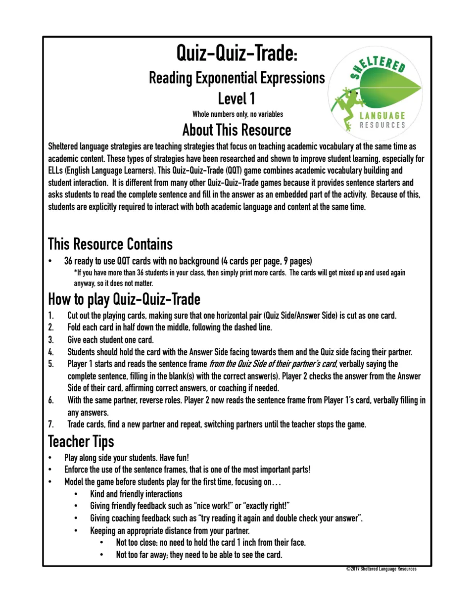 Quiz-Quiz-Trade: Reading Exponential Expressions Level 1 title page with an overview, card contents, 7 play steps and tips