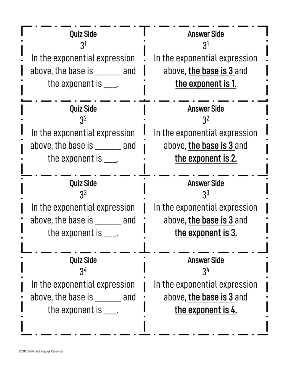 Powers of 3 from 3^1 to 3^4 on fold-over cards; the quiz side asks students to name the base and exponent aloud
