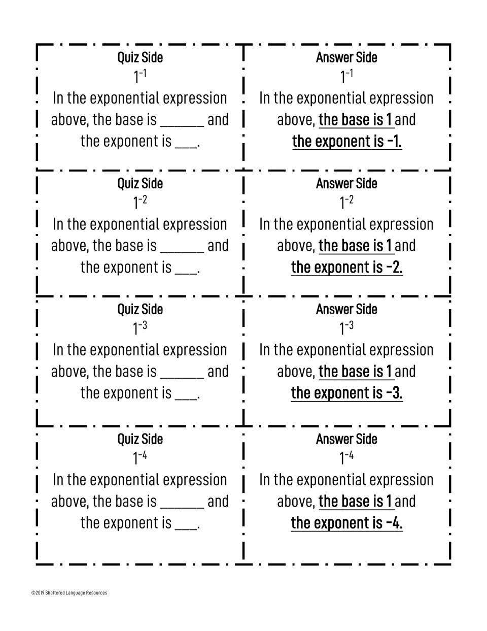Base 1 cards: students name the base and exponent of 1^-1 to 1^-4 using a sentence frame; answer side shows each