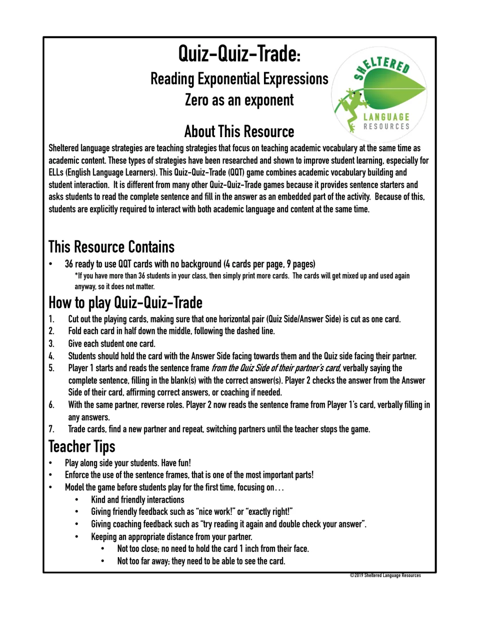 Quiz-Quiz-Trade on zero as an exponent: overview of 36 sentence-frame cards, 7 steps for playing, and teacher tips
