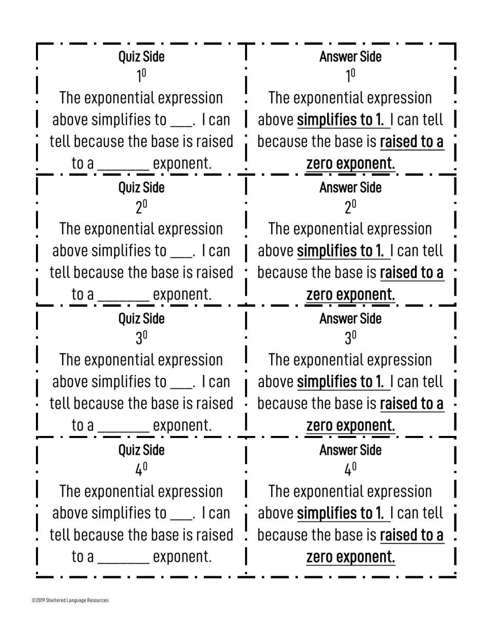 Zero exponent cards for 1, 2, 3 and 4 to the zero power: students say each simplifies to 1 and name the zero exponent