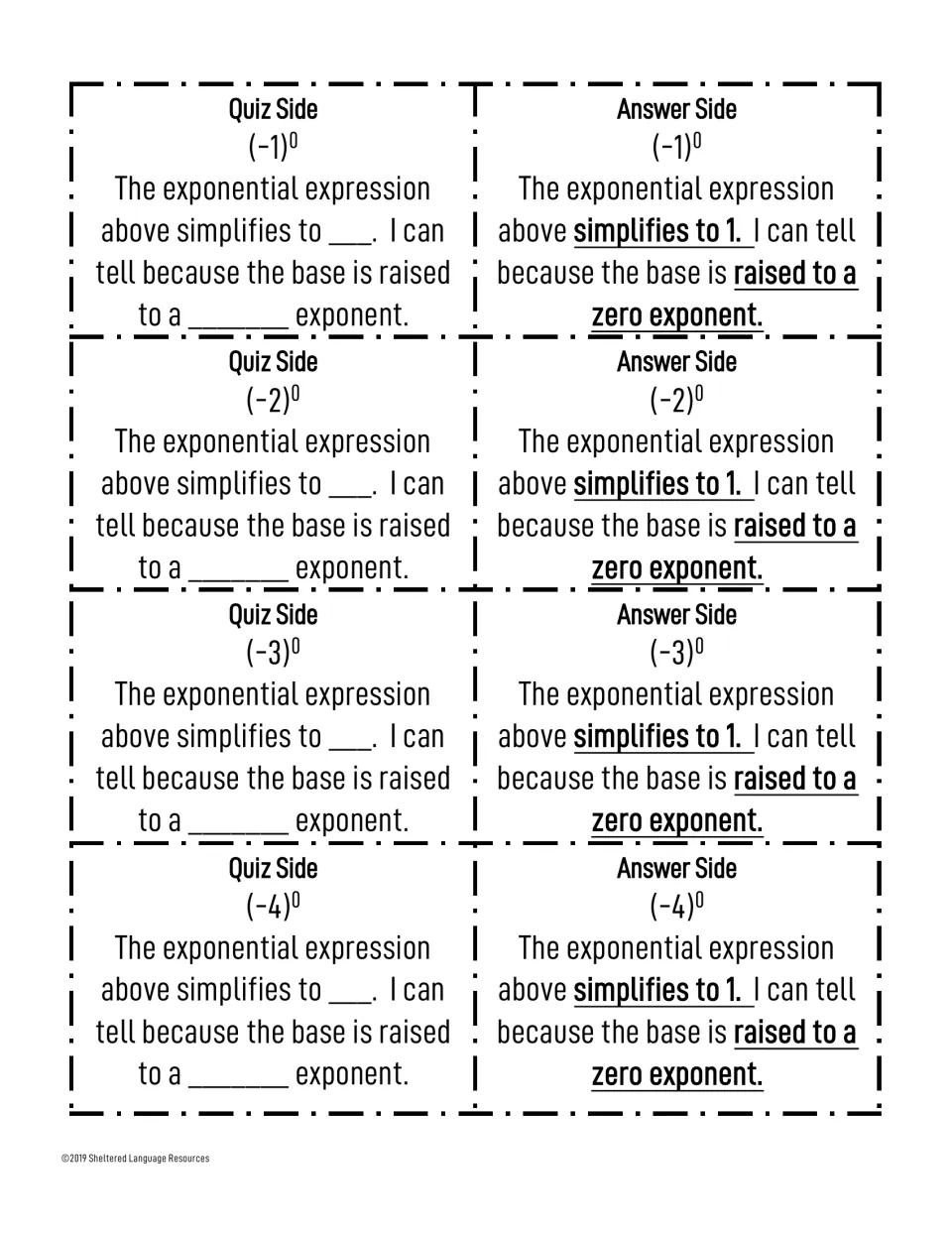 Zero exponent cards with negative bases (-1) through (-4): students say each simplifies to 1 because of the zero exponent