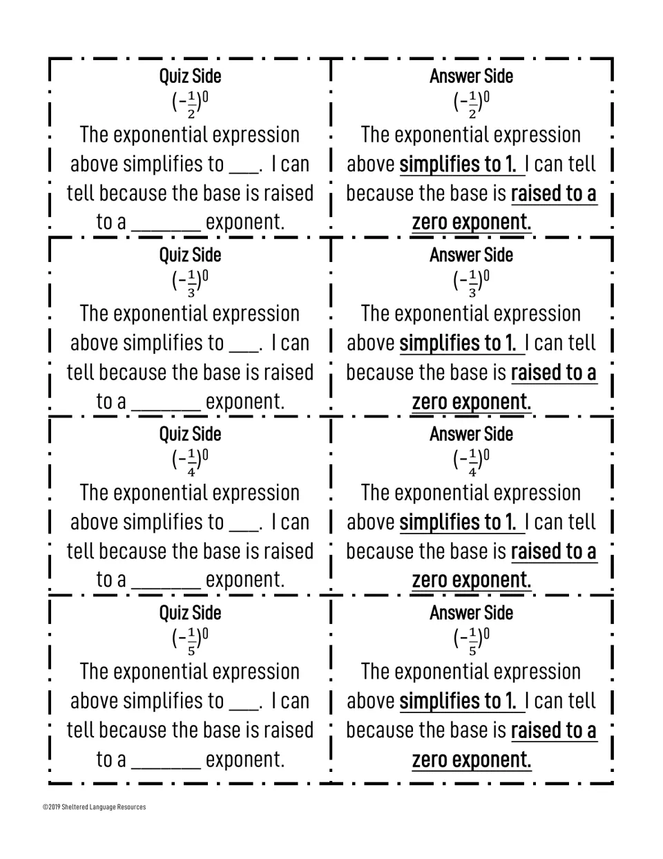 Zero exponent cards with negative unit fractions -1/2 through -1/5 raised to zero; students read the frame and fill in 1